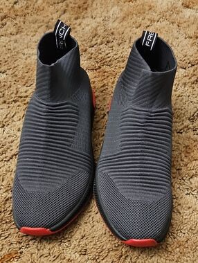 French Connection Men's Grey Knit Slip-On Sneakers with Red Accents